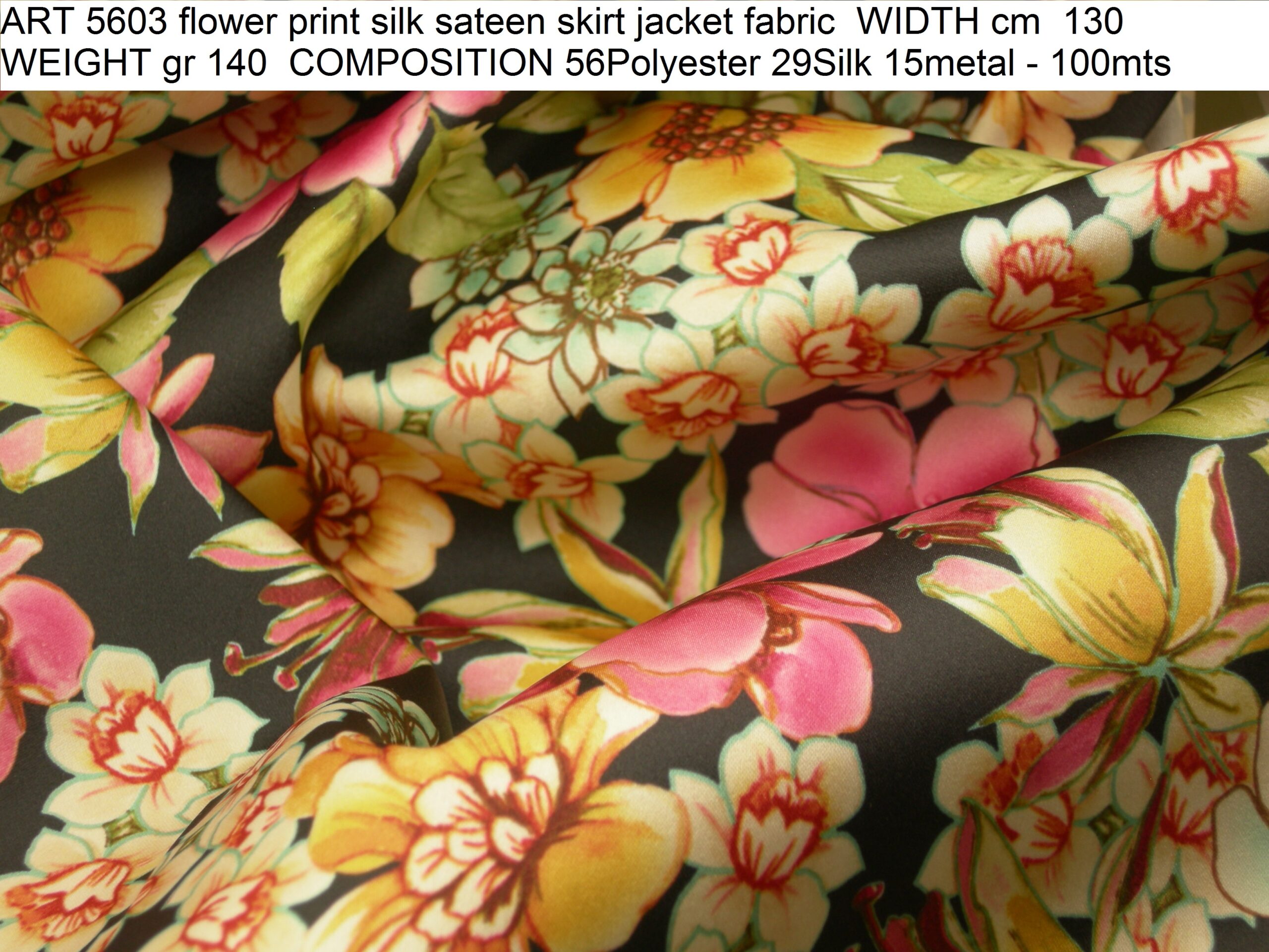 ART 5603 flower print silk sateen skirt jacket fabric WIDTH cm 130 WEIGHT gr 140 COMPOSITION 56Polyester 29Silk 15metal - 100mts