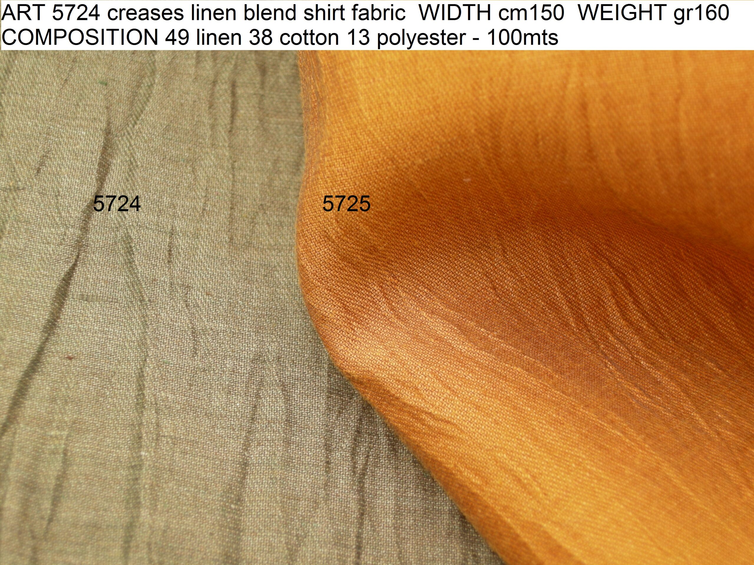 ART 5724 creases linen blend shirt fabric WIDTH cm150 WEIGHT gr160 COMPOSITION 49 linen 38 cotton 13 polyester - 100mts