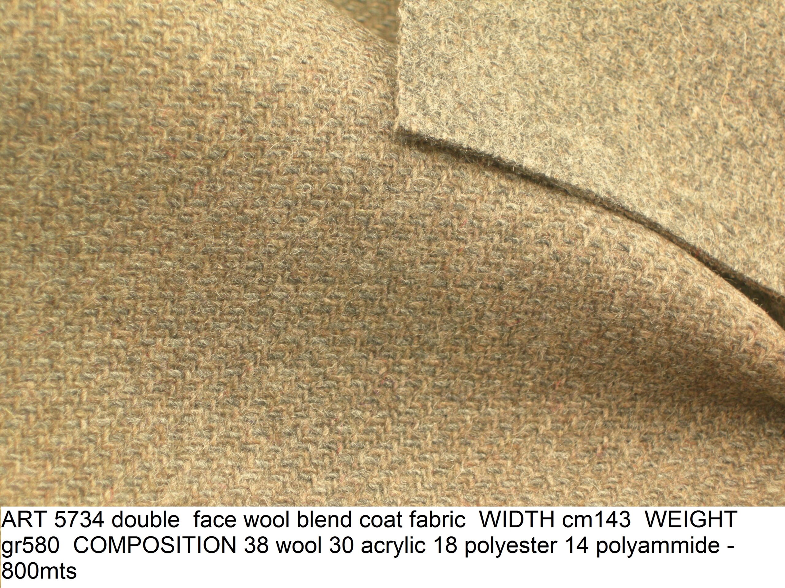 ART 5734 double face wool blend coat fabric WIDTH cm143 WEIGHT gr580 COMPOSITION 38 wool 30 acrylic 18 polyester 14 polyammide - 800mts
