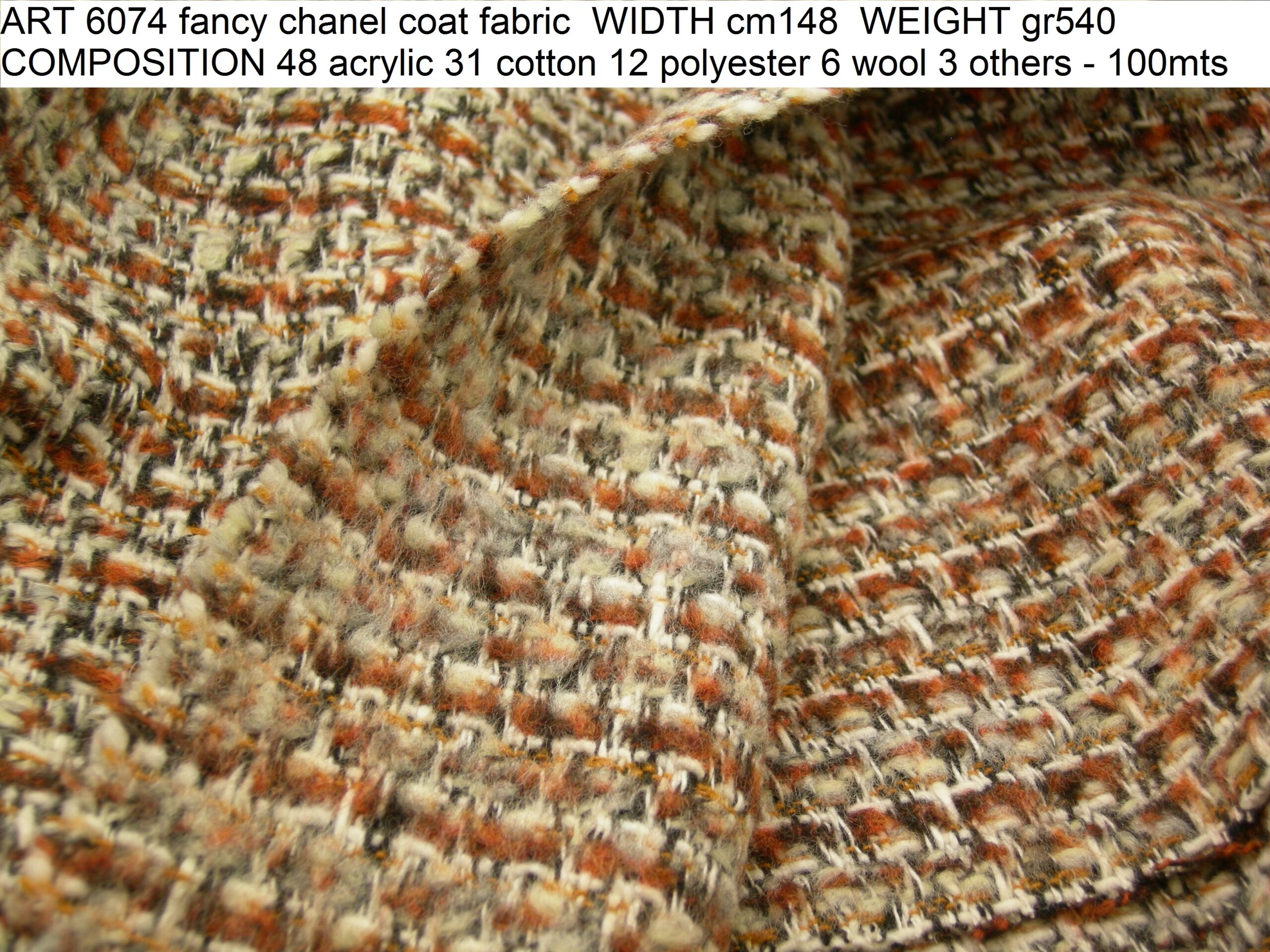 ART 6074 fancy chanel coat fabric WIDTH cm148 WEIGHT gr540 COMPOSITION 48 acrylic 31 cotton 12 polyester 6 wool 3 others - 100mts