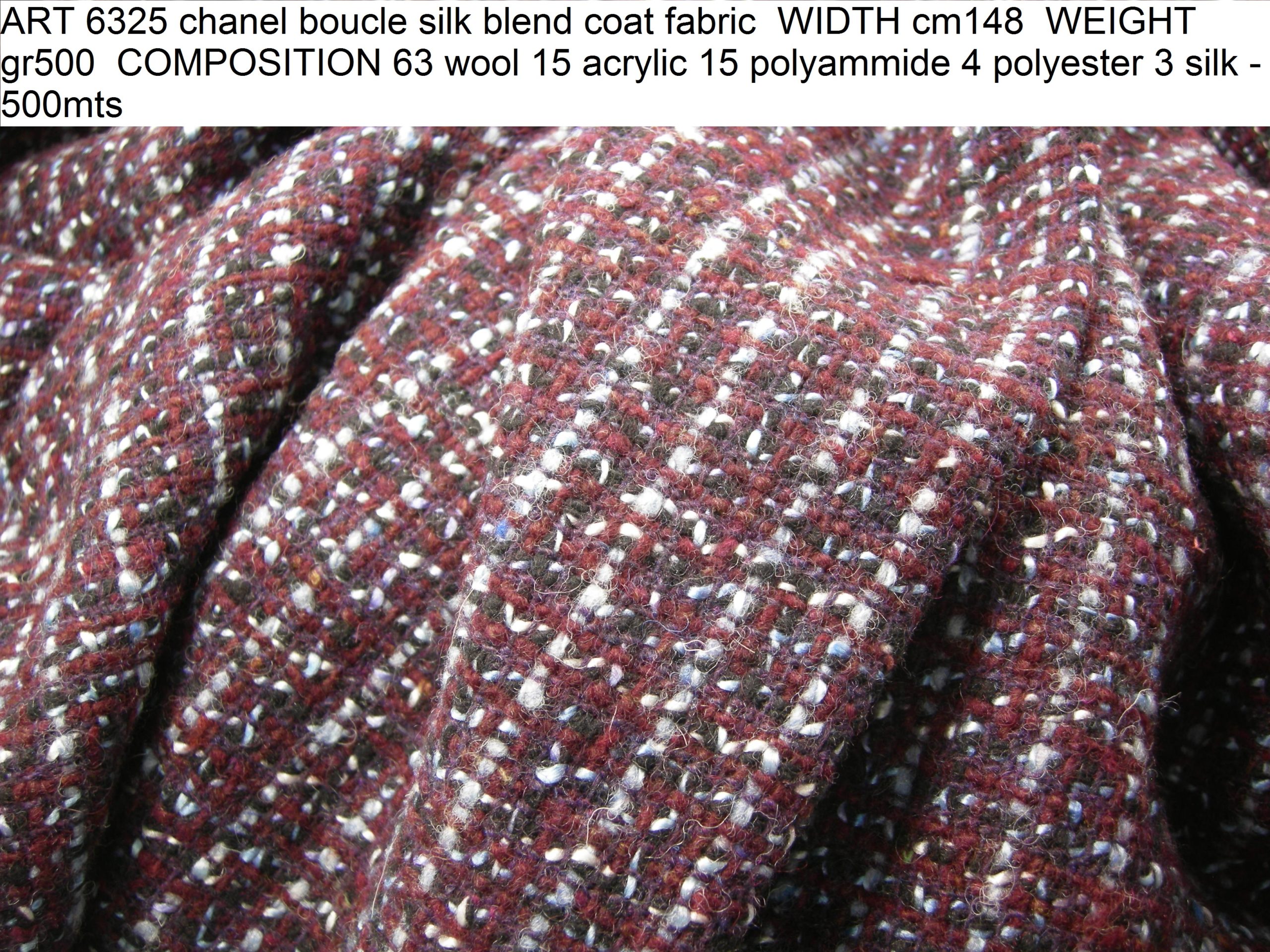 ART 6325 chanel boucle silk blend coat fabric WIDTH cm148 WEIGHT gr500 COMPOSITION 63 wool 15 acrylic 15 polyammide 4 polyester 3 silk - 500mts