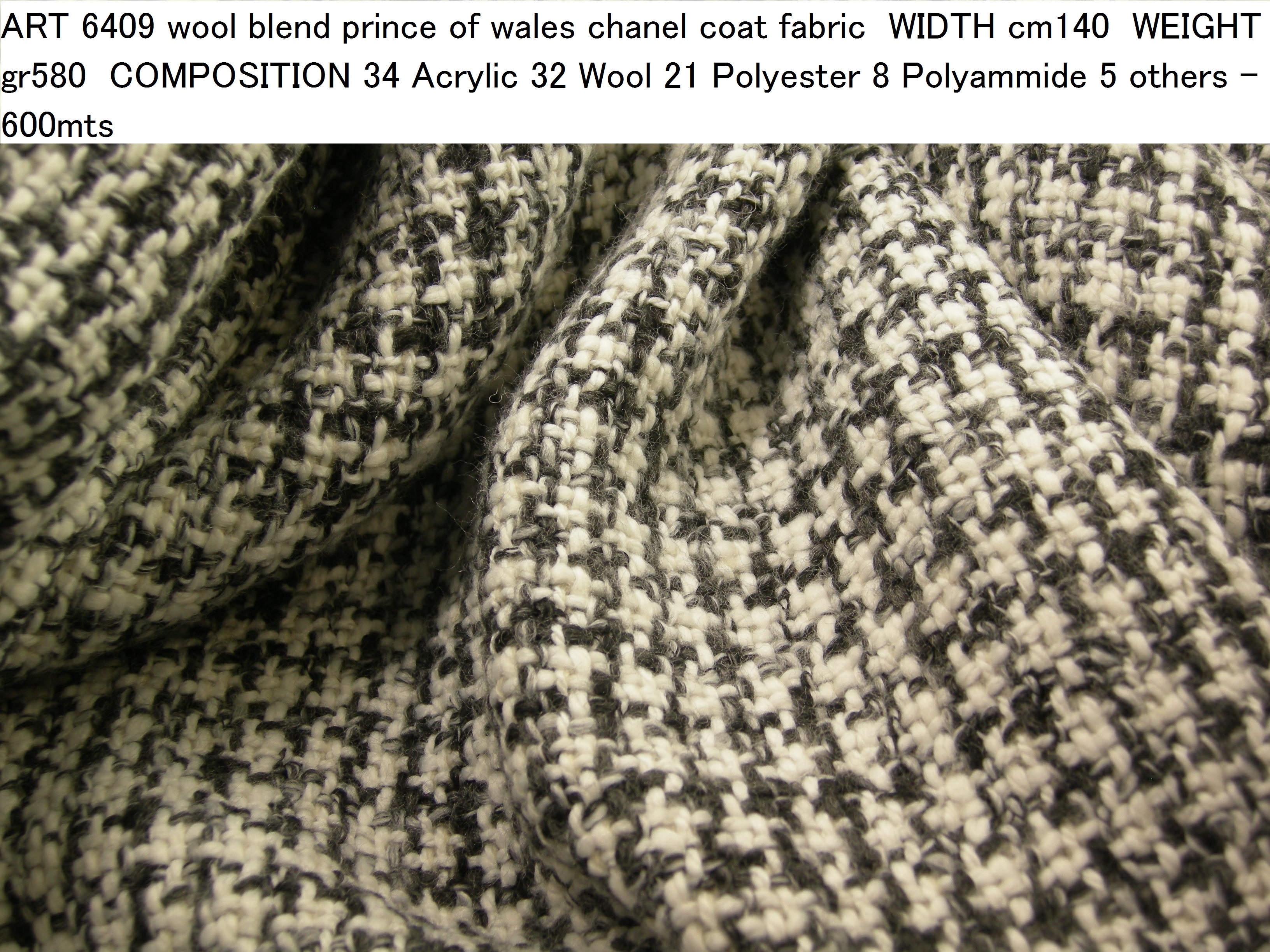 ART 6409 wool blend prince of wales chanel coat fabric WIDTH cm140 WEIGHT gr580 COMPOSITION 34 Acrylic 32 Wool 21 Polyester 8 Polyammide 5 others - 600mts