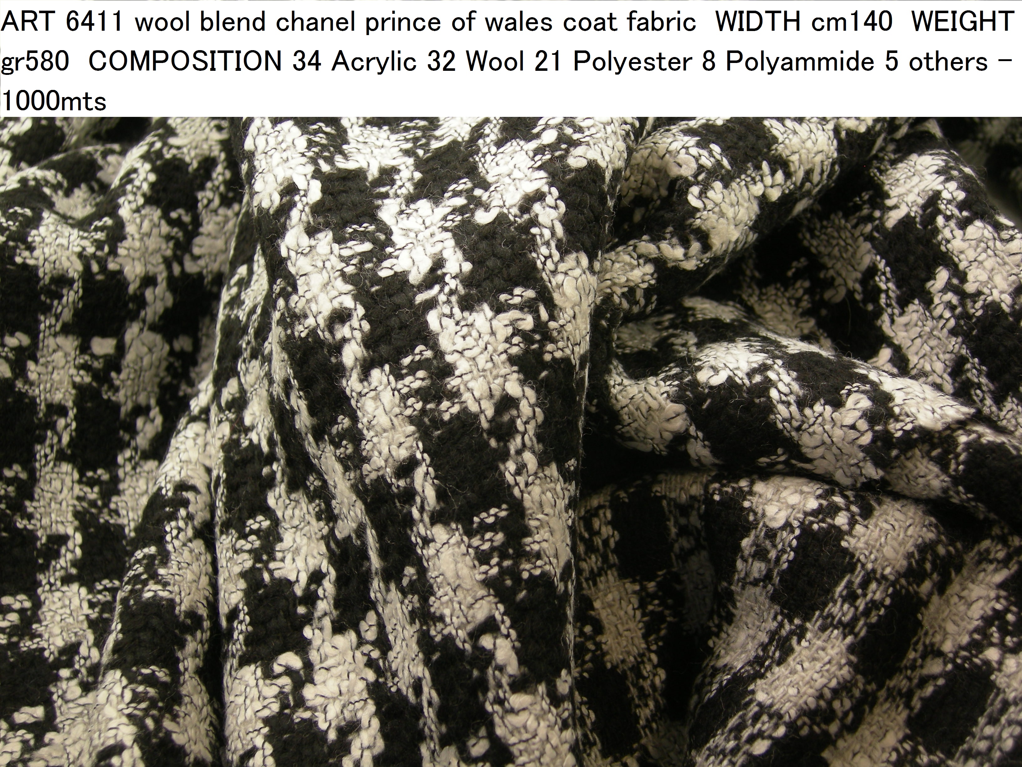 ART 6411 wool blend chanel prince of wales coat fabric WIDTH cm140 WEIGHT gr580 COMPOSITION 34 Acrylic 32 Wool 21 Polyester 8 Polyammide 5 others - 1000mts