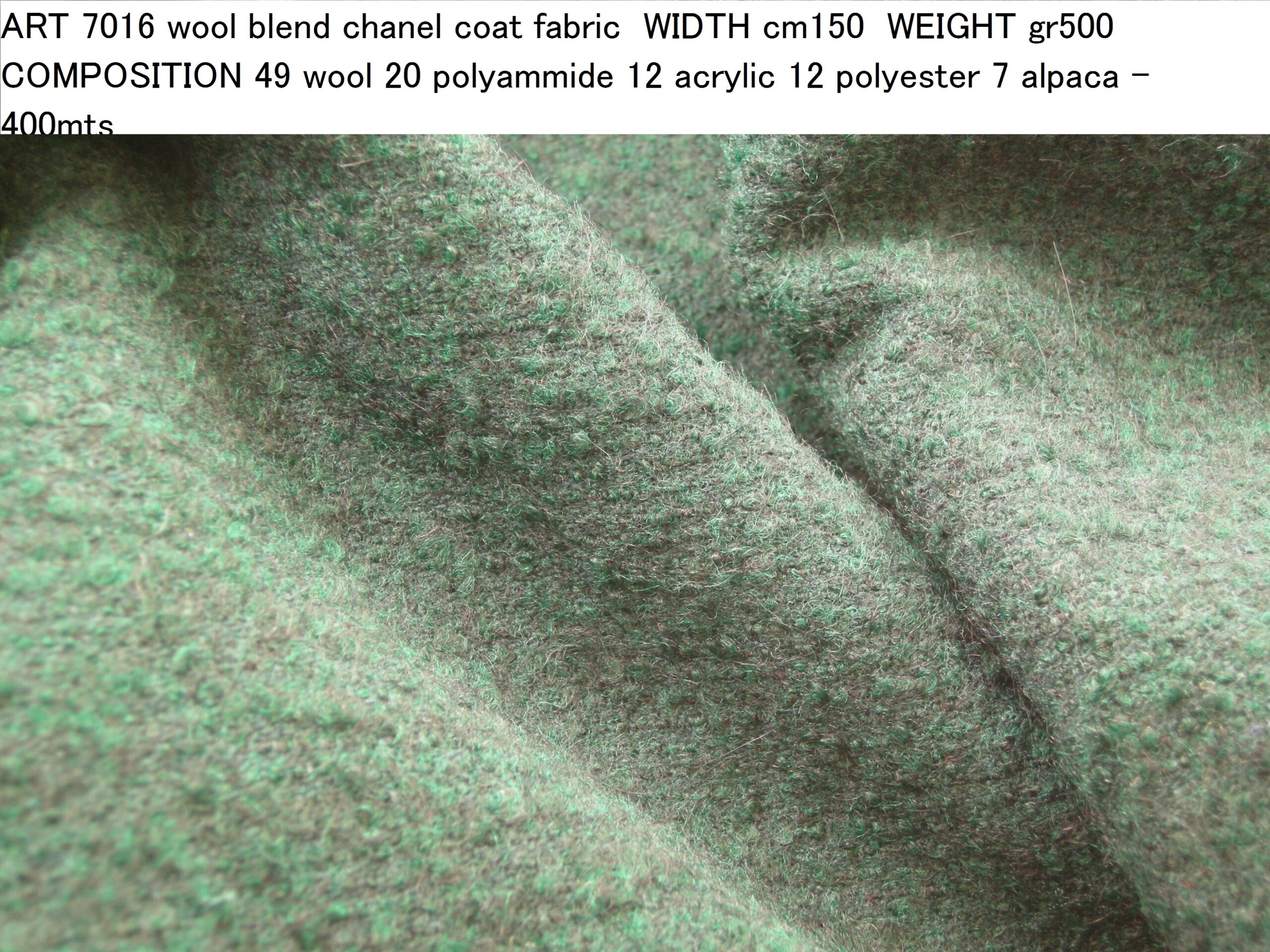 ART 7016 wool blend chanel coat fabric WIDTH cm150 WEIGHT gr500 COMPOSITION 49 wool 20 polyammide 12 acrylic 12 polyester 7 alpaca - 400mts