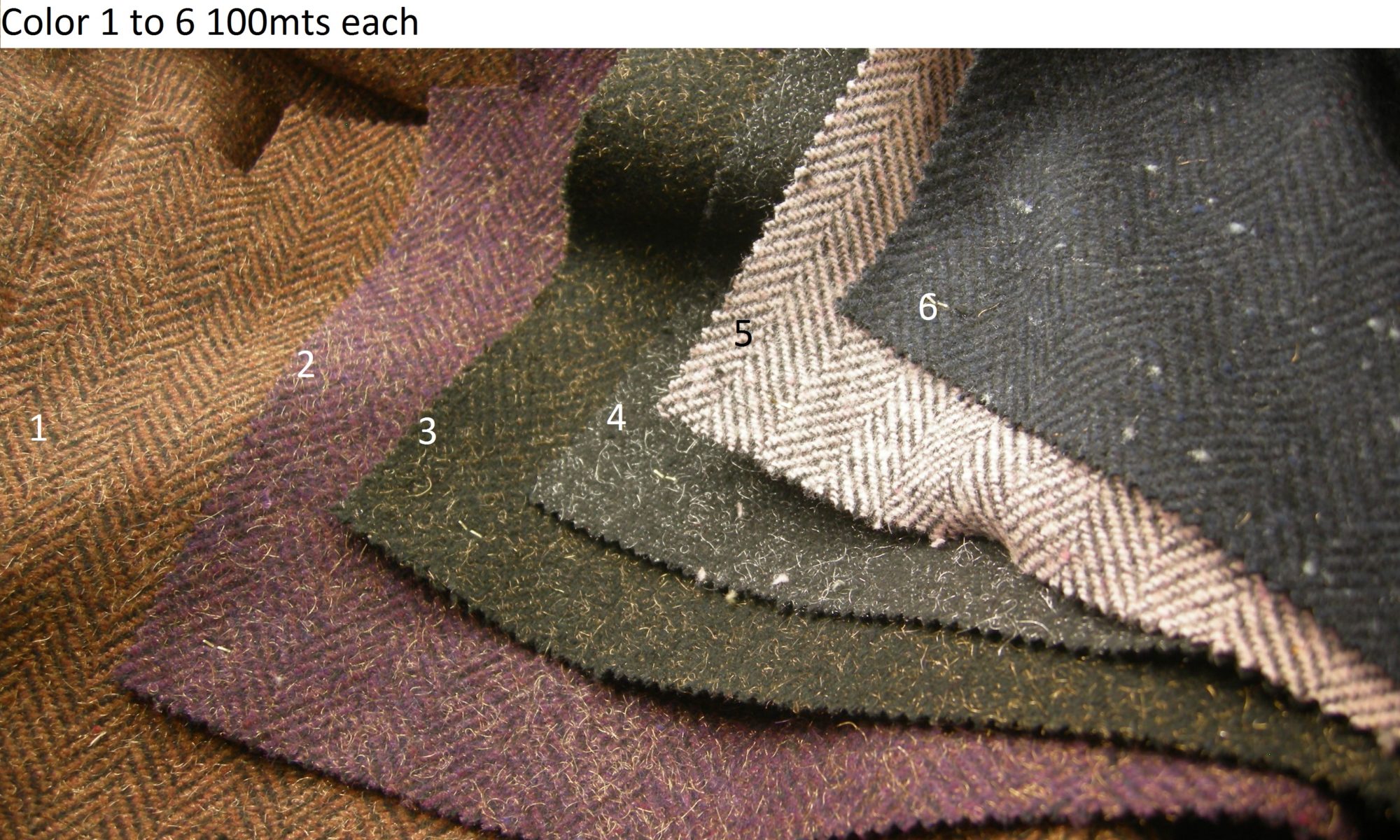 ART 7074 FTA shiny wool blend herringbone jacket fabric WIDTH cm150 WEIGHT gr380 COMPOSITION 30 wool 30 acrylic 20 polyester 15 polyammide 5 others - Color 1 to 6 100mts each