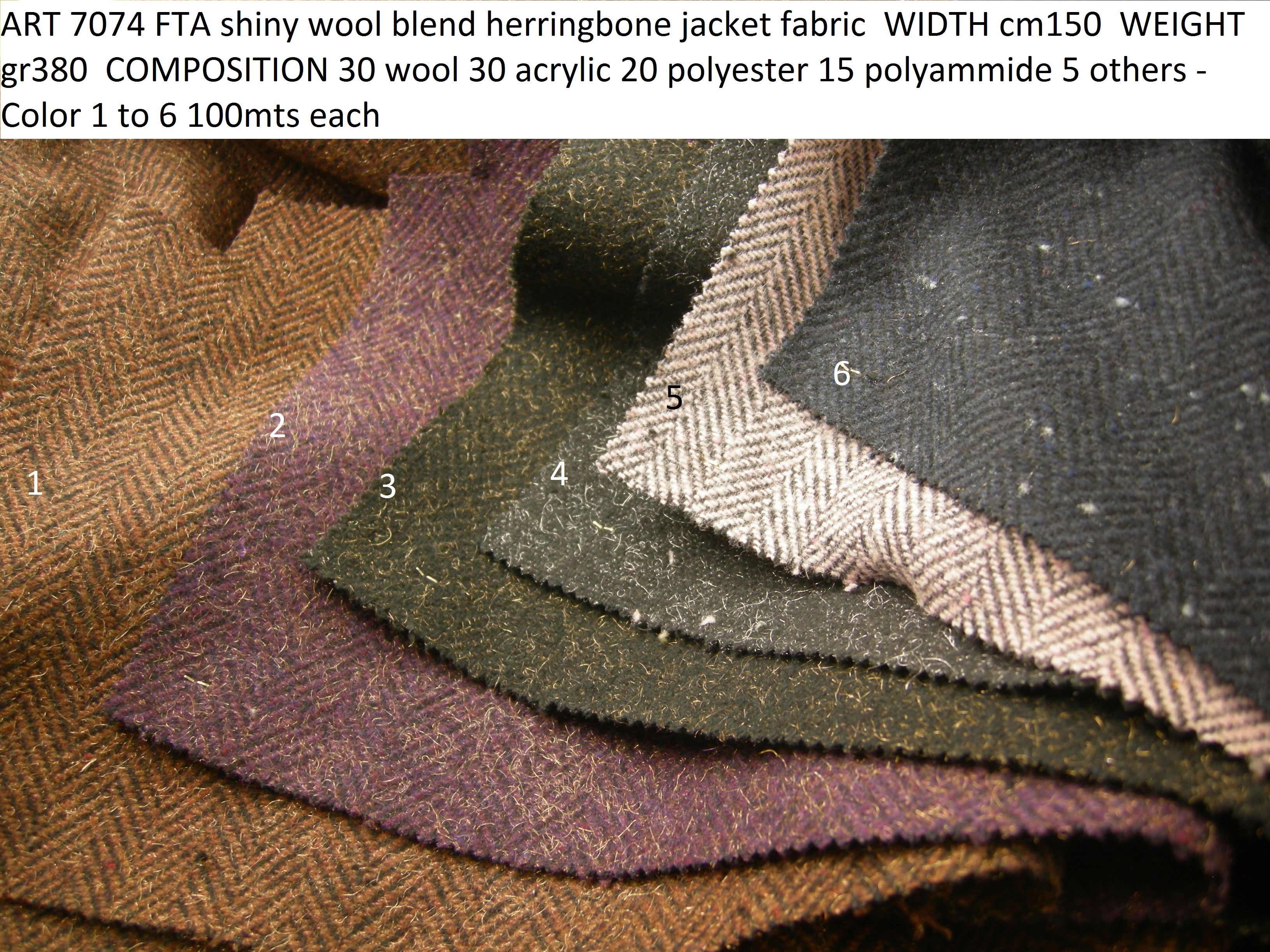 ART 7074 FTA shiny wool blend herringbone jacket fabric WIDTH cm150 WEIGHT gr380 COMPOSITION 30 wool 30 acrylic 20 polyester 15 polyammide 5 others - Color 1 to 6 100mts each