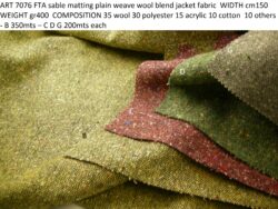 ART 7076 FTA sable matting plain weave wool blend jacket fabric WIDTH cm150 WEIGHT gr400 COMPOSITION 35 wool 30 polyester 15 acrylic 10 cotton 10 others - B 350mts – C D G 200mts each