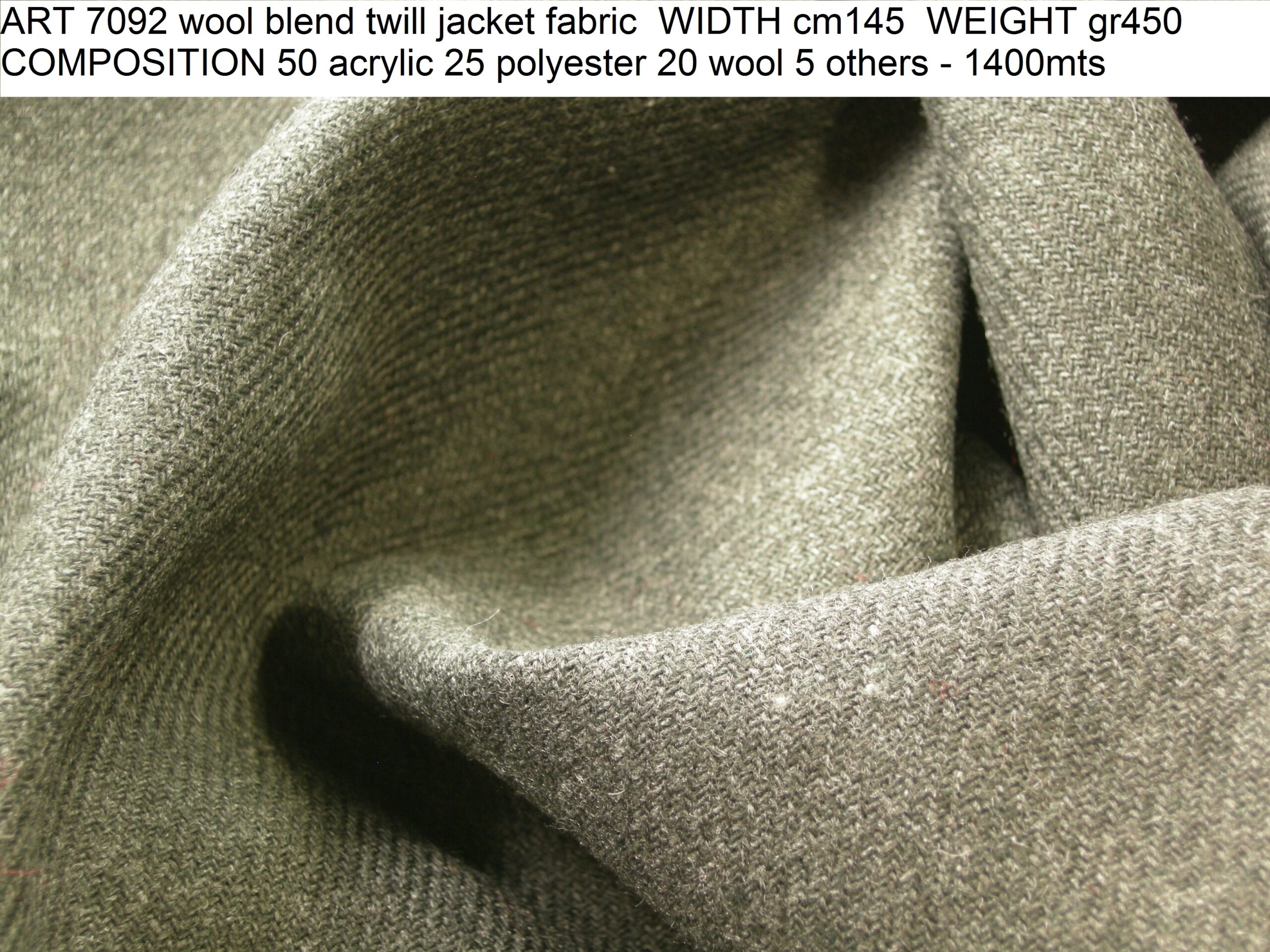 ART 7092 wool blend twill jacket fabric WIDTH cm145 WEIGHT gr450 COMPOSITION 50 acrylic 25 polyester 20 wool 5 others - 1400mts