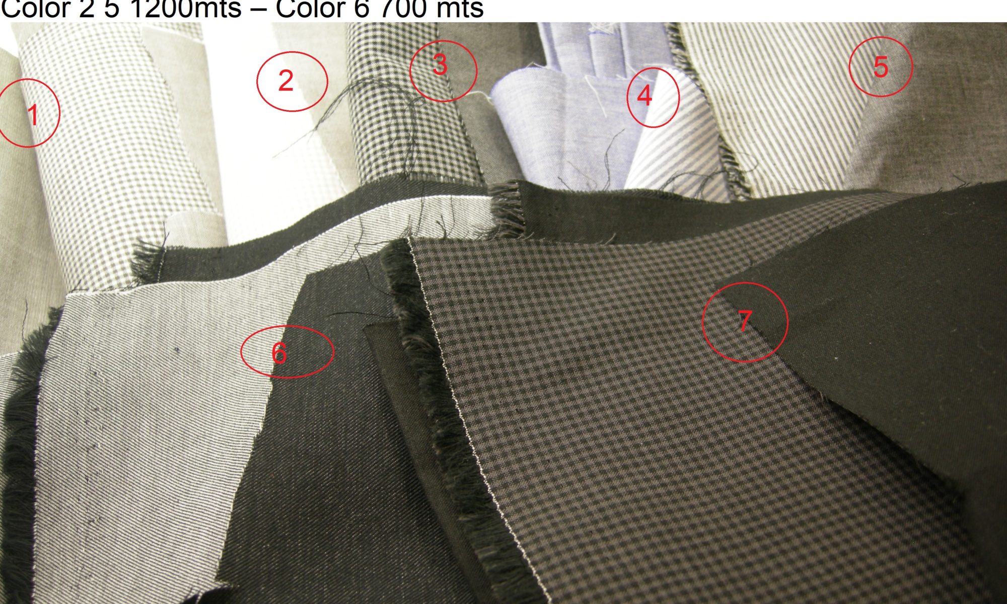 ART 7191 double face cotton jacket fabric WIDTH cm145 WEIGHT gr280 COMPOSITION 99 cotton 1 Nylon polyammide - Color 1 3 4 7 350mts – Color 2 5 1200mts – Color 6 700 mts