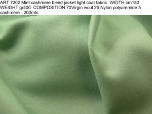 ART 7202 Mint cashmere blend jacket light coat fabric WIDTH cm150 WEIGHT gr400 COMPOSITION 70Virgin wool 25 Nylon polyammide 5 cashmere - 200mts