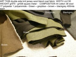 ART 7436 double side knit jersey coat fabric WIDTH cm130 WEIGHT gr570 - gr438 square meter - COMPOSITION 44 cotton 38 wool 17 polyester 1 polyammide - Green – greyblue – brown – blackgrey 400mts each