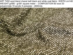ART 7452 wool blend chanel twill black and white coat fabric WIDTH cm148 WEIGHT gr580 - gr391 square meter - COMPOSITION 60 wool 20 polyammide 15 acrylic 5 polyester - 2600mts