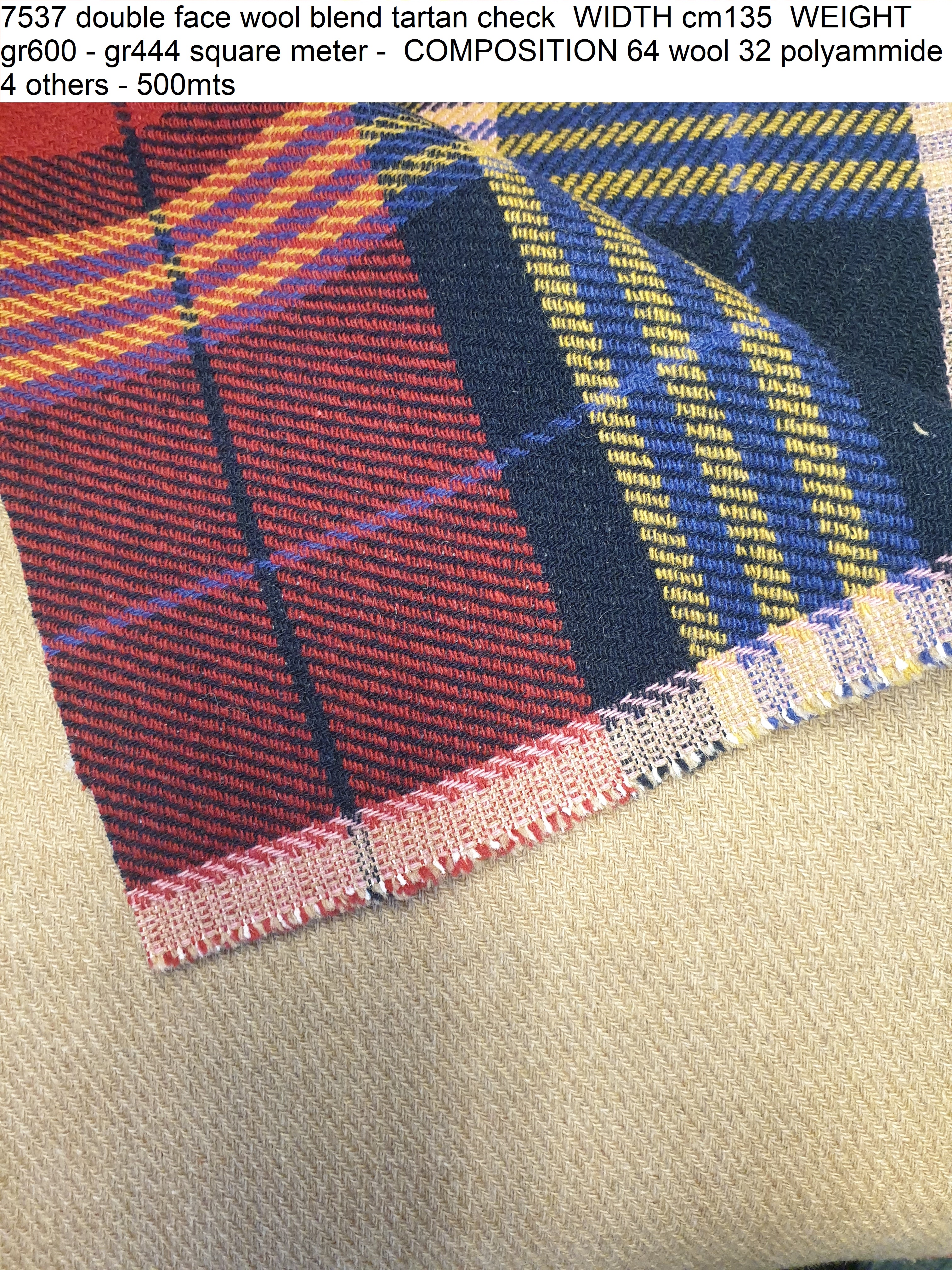 7537 double face wool blend tartan check WIDTH cm135 WEIGHT gr600 - gr444 square meter - COMPOSITION 64 wool 32 polyammide 4 others - 500mts