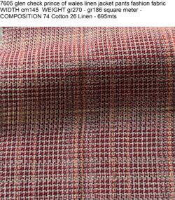 7605 glen check prince of wales linen jacket pants fashion fabric WIDTH cm145 WEIGHT gr270 - gr186 square meter - COMPOSITION 74 Cotton 26 Linen - 695mts