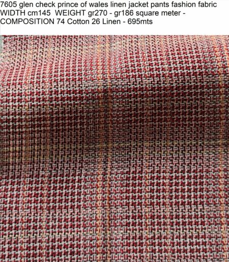 7605 glen check prince of wales linen jacket pants fashion fabric WIDTH cm145 WEIGHT gr270 - gr186 square meter - COMPOSITION 74 Cotton 26 Linen - 695mts