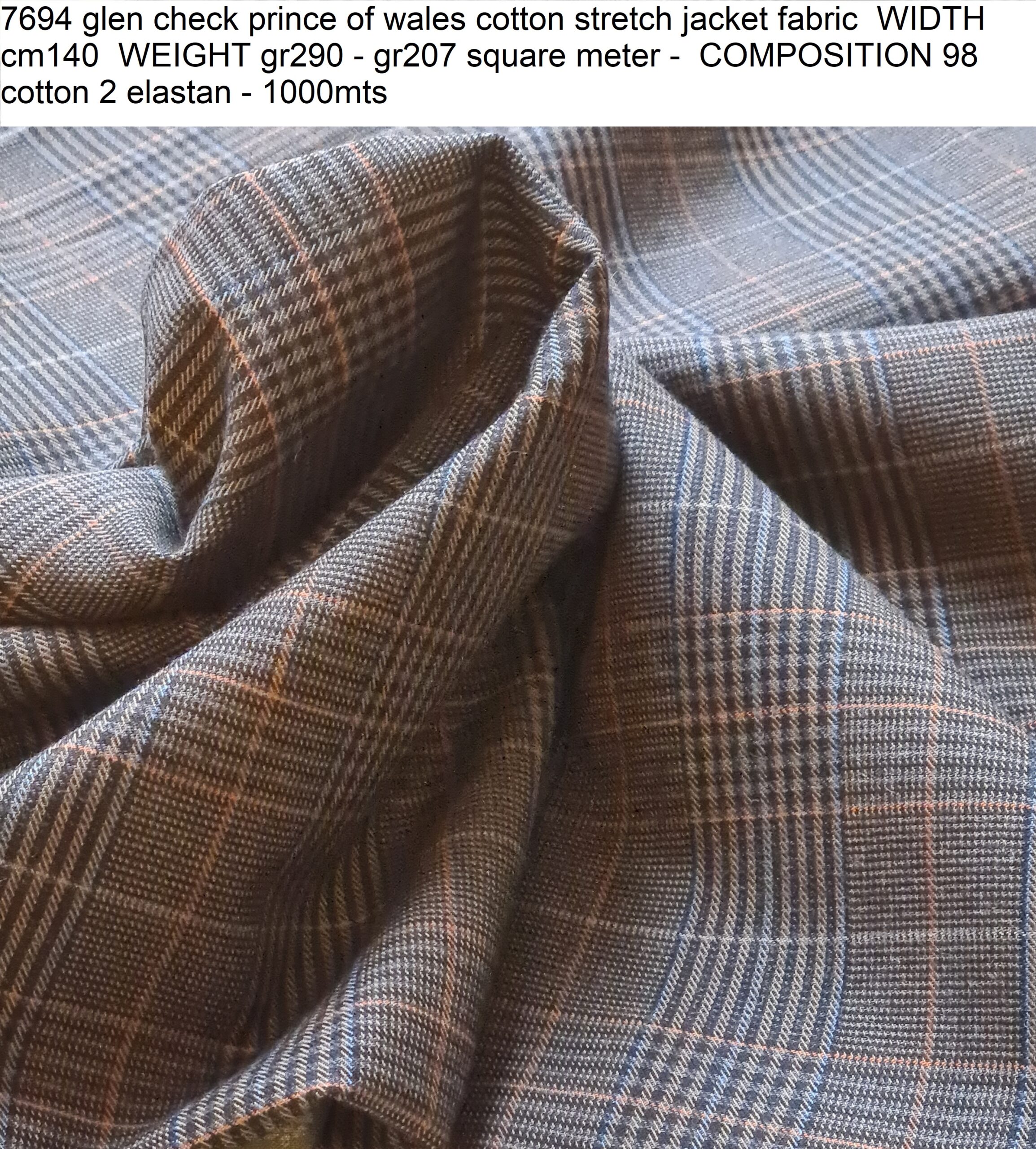 7694 glen check prince of wales cotton stretch jacket fabric WIDTH cm140 WEIGHT gr290 - gr207 square meter - COMPOSITION 98 cotton 2 elastan - 1000mts