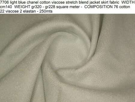 7706 light blue chanel cotton viscose stretch blend jacket skirt fabric WIDTH cm140 WEIGHT gr320 - gr228 square meter - COMPOSITION 76 cotton 22 viscose 2 elastan - 250mts
