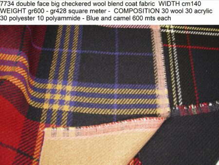 7734 double face big checkered wool blend coat fabric WIDTH cm140 WEIGHT gr600 - gr428 square meter - COMPOSITION 30 wool 30 acrylic 30 polyester 10 polyammide - Blue and camel 600 mts each