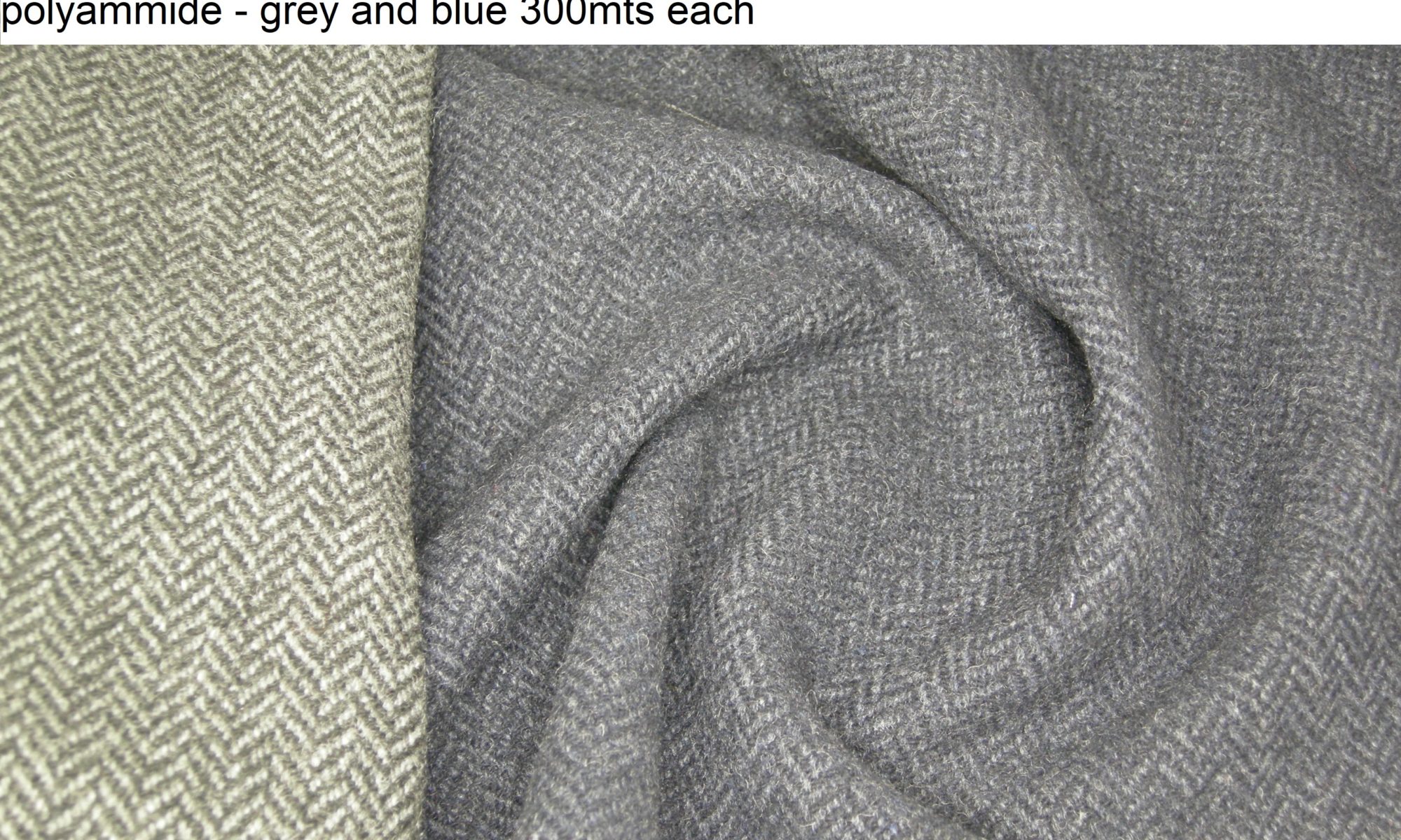7742 herringbone wool blend coat fabric WIDTH cm155 WEIGHT gr510 - gr329 square meter - COMPOSITION 30 wool 30 acrylic 30 polyester 10 polyammide - grey and blue 300mts each