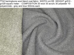 7742 herringbone wool blend coat fabric WIDTH cm155 WEIGHT gr510 - gr329 square meter - COMPOSITION 30 wool 30 acrylic 30 polyester 10 polyammide - grey and blue 300mts each