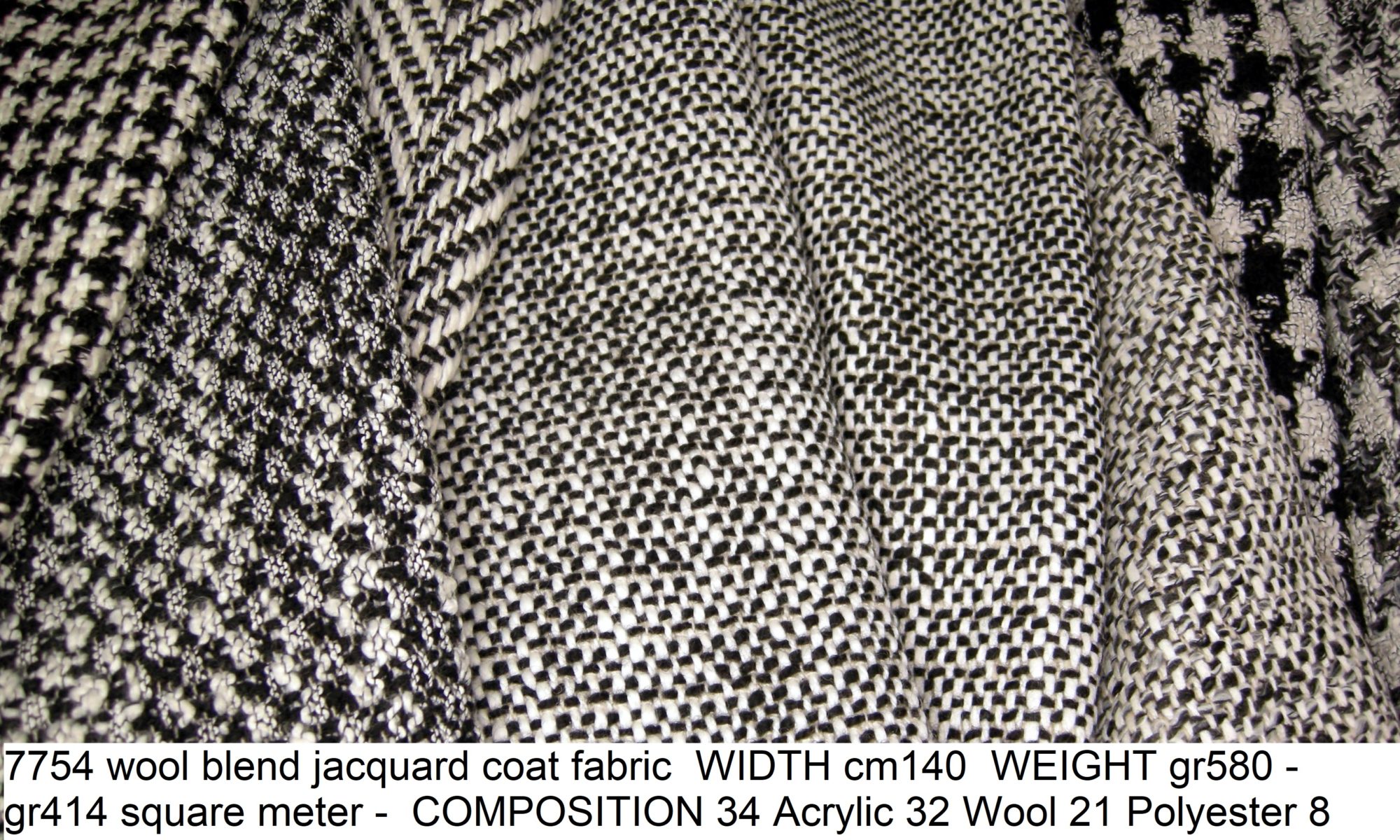 7754 wool blend jacquard coat fabric WIDTH cm140 WEIGHT gr580 - gr414 square meter - COMPOSITION 34 Acrylic 32 Wool 21 Polyester 8 Polyammide 5 others - 1