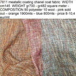 7811 meatallic coating chanel coat fabric WIDTH cm145 WEIGHT gr700 - gr482 square meter - COMPOSITION 90 polyester 10 wool - pink sold out – orange 1900mts – blue 800mts - price 8-10,4 eur