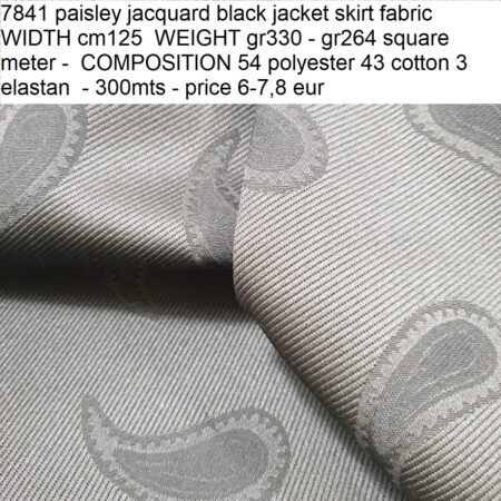 7841 paisley jacquard black jacket skirt fabric WIDTH cm125 WEIGHT gr330 - gr264 square meter - COMPOSITION 54 polyester 43 cotton 3 elastan - 300mts - price 6-7,8 eur