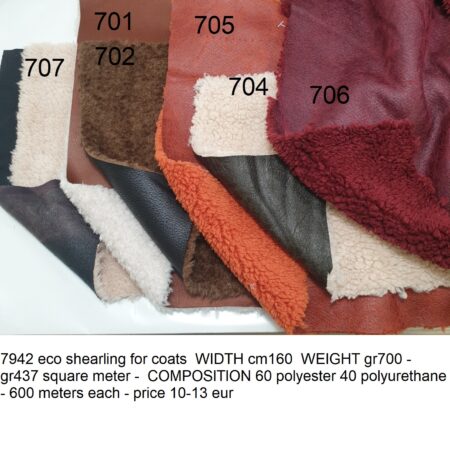7942 eco shearling for coats WIDTH cm160 WEIGHT gr700 - gr437 square meter - COMPOSITION 60 polyester 40 polyurethane - 600 meters each - price 10-13 eur