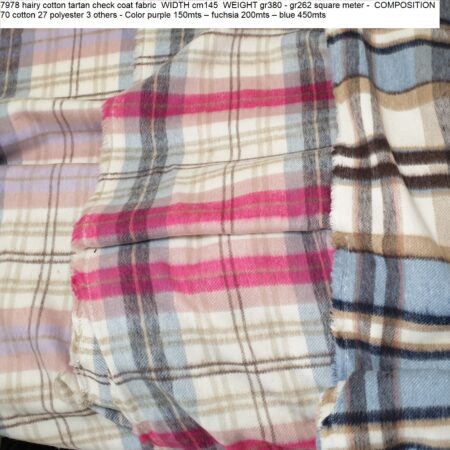 7978 hairy cotton tartan check coat fabric WIDTH cm145 WEIGHT gr380 - gr262 square meter - COMPOSITION 70 cotton 27 polyester 3 others - Color purple 150mts – fuchsia 200mts – blue 450mts