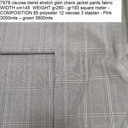 7979 viscose blend stretch glen check jacket pants fabric WIDTH cm145 WEIGHT gr280 - gr193 square meter - COMPOSITION 85 polyester 12 viscose 3 elastan - Pink 3000mts – green 3800mts