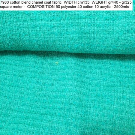 7980 cotton blend chanel coat fabric WIDTH cm135 WEIGHT gr440 - gr325 square meter - COMPOSITION 50 polyester 40 cotton 10 acrylic - 2500mts