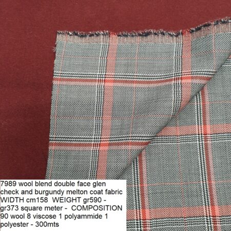 7989 wool blend double face glen check and burgundy melton coat fabric WIDTH cm158 WEIGHT gr590 - gr373 square meter - COMPOSITION 90 wool 8 viscose 1 polyammide 1 polyester - 300mts