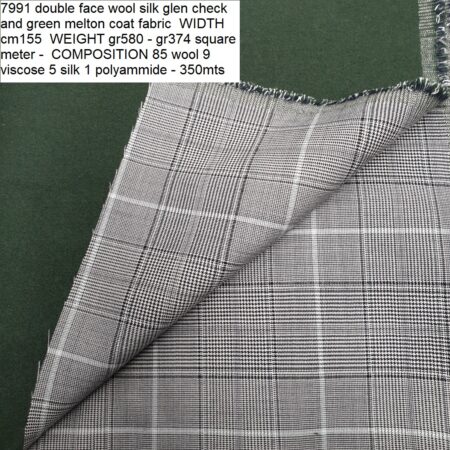 7991 double face wool silk glen check and green melton coat fabric WIDTH cm155 WEIGHT gr580 - gr374 square meter - COMPOSITION 85 wool 9 viscose 5 silk 1 polyammide - 350mts