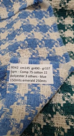 8042 Chanel glen check jacket coat cotton fabric cm145 gr490 gr337 sqm Comp 75 cotton 22 polyester 3 others blue 150mts emerald 250mts