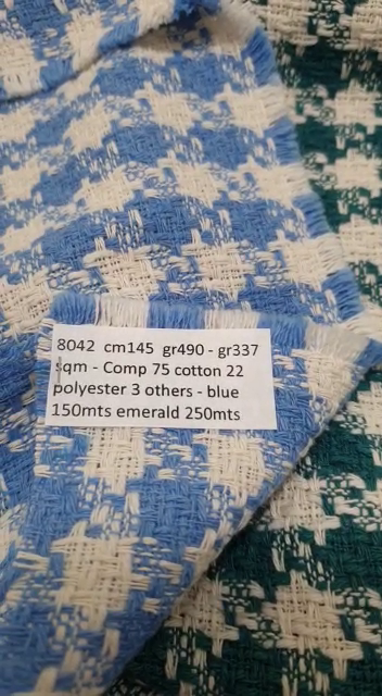 8042 glen check jacket coat cotton fabric cm145 gr490 gr337 sqm Comp 75  cotton 22 polyester 3 others blue 150mts emerald 250mts