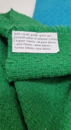 8043 chanel plain colors jacket coat cotton fabric WIDTH cm145 WEIGHT gr490 gr337 square meter COMPOSITION 65 cotton 32 polyester 3 others lt green 150mts dk green 300mts pink 750mts white 300