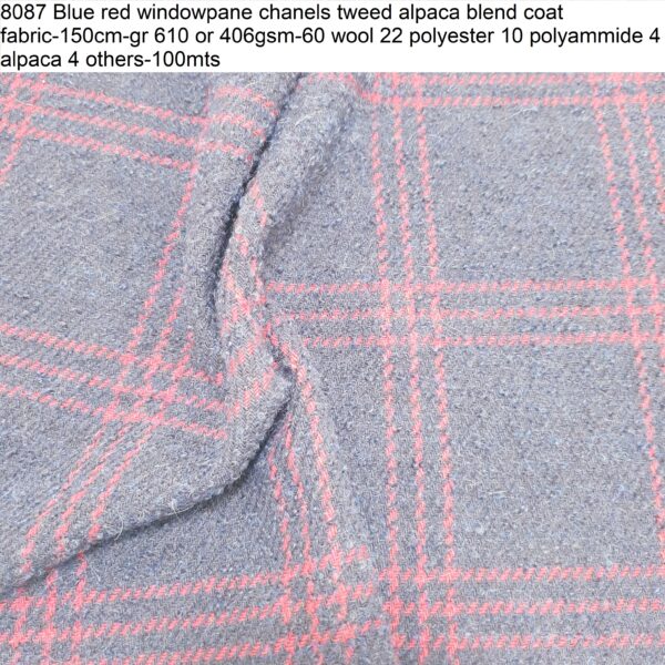 8087 Blue red windowpane chanels tweed alpaca blend coat fabric-150cm-gr 610 or 406gsm-60 wool 22 polyester 10 polyammide 4 alpaca 4 others-100mts