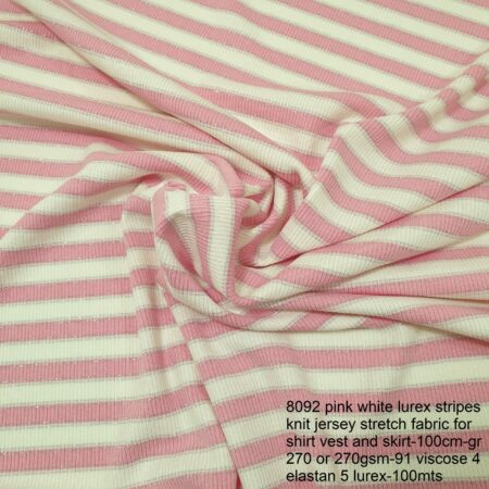 8092 pink white lurex stripes knit jersey stretch fabric for shirt vest and skirt-100cm-gr 270 or 270gsm-91 viscose 4 elastan 5 lurex-100mts
