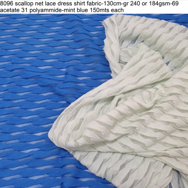 8096 scallop net lace dress shirt fabric-130cm-gr 240 or 184gsm-69 acetate 31 polyammide-mint blue 150mts each
