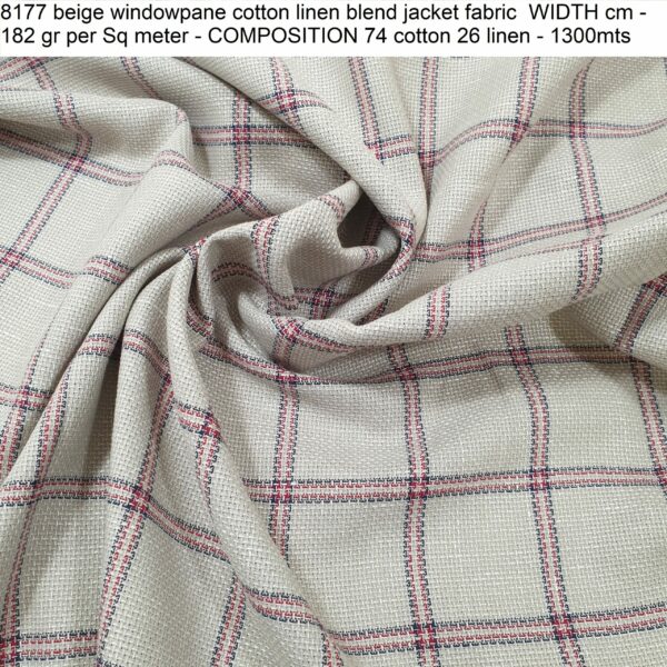 8177 beige windowpane cotton linen blend jacket fabric WIDTH cm - 182 gr per Sq meter - COMPOSITION 74 cotton 26 linen - 1300mts