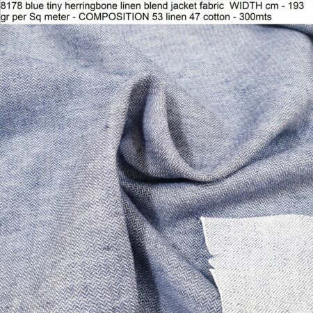 8178 blue tiny herringbone linen blend jacket fabric WIDTH cm - 193 gr per Sq meter - COMPOSITION 53 linen 47 cotton - 300mts