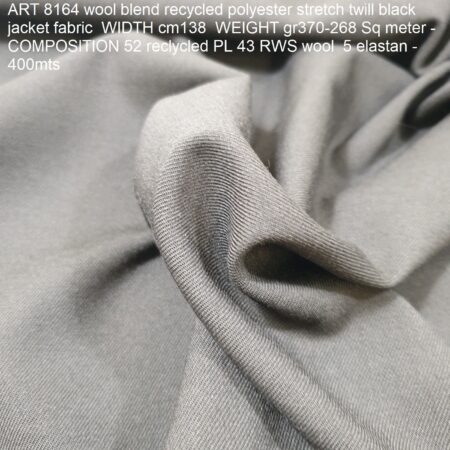 ART 8164 wool blend recycled polyester stretch twill black jacket fabric WIDTH cm138 WEIGHT gr370-268 Sq meter - COMPOSITION 52 reclycled PL 43 RWS wool 5 elastan - 400mts