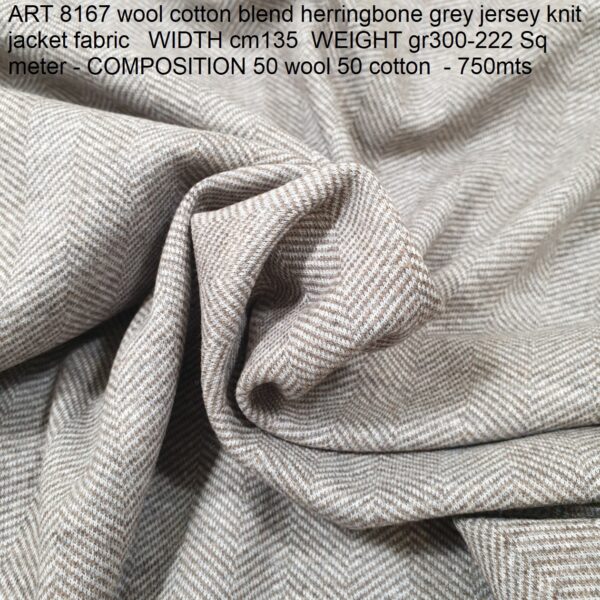 ART 8167 wool cotton blend herringbone grey jersey knit jacket fabric WIDTH cm135 - 222 gr per Sq meter - COMPOSITION 50 wool 50 cotton - 750mts