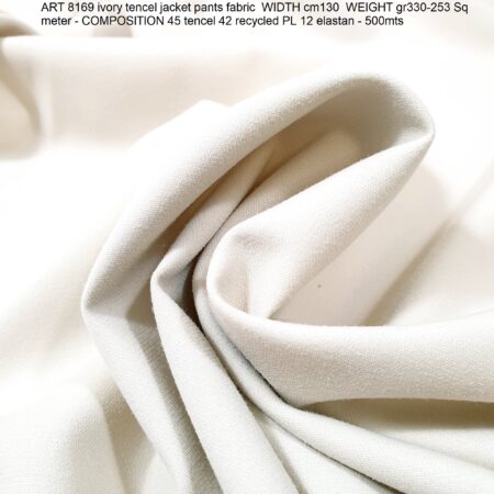ART 8169 ivory tencel jacket pants fabric WIDTH cm130 WEIGHT gr330-253 Sq meter - COMPOSITION 45 tencel 42 recycled PL 12 elastan - 500mts
