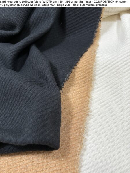 8198 wool blend twill coat fabric WIDTH cm 150 - 386 gr per Sq meter - COMPOSITION 54 cotton 19 polyester 15 acrylic 12 wool - white 400 - beige 200 - black 500 meters