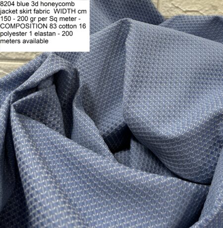 8204 blue 3d honeycomb jacket skirt fabric WIDTH cm 150 - 200 gr per Sq meter - COMPOSITION 83 cotton 16 polyester 1 elastan - 200 meters available